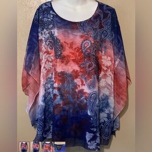 #71 Simply Emma 2X red blue beaded top shawl